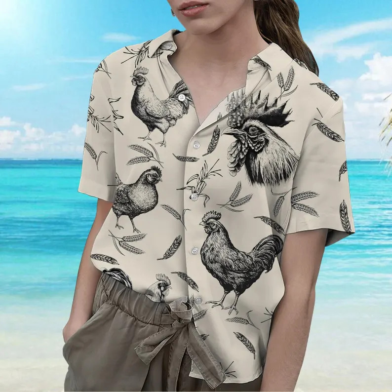 Chicken Rooster Hawaii Shirt Mens Womens Aloha Summer Beach Button Up Top