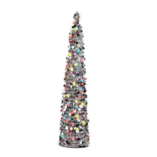 Pop up Christmas Tree with Lights, 5FT Pop Up Pencil Tinsel Christmas Silver