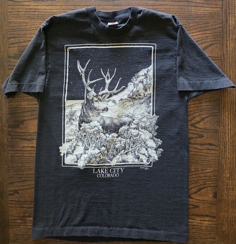 90s Vintage Single Stitch Fruit of the Loom Lake City CO Deer Graphic Tee  L