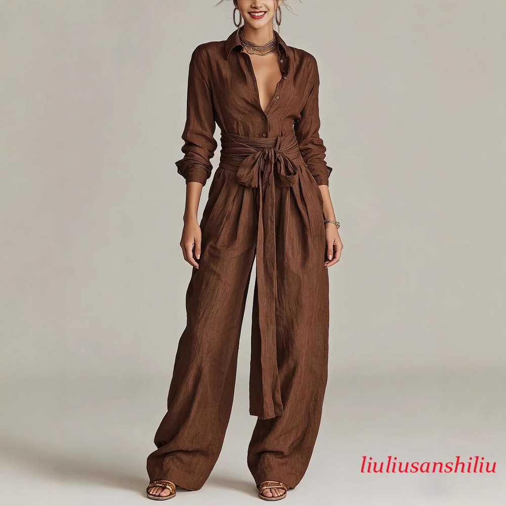 Fashion Womens Cotton Long Sleeve Top Casual High Waist Pants Two Piece Set