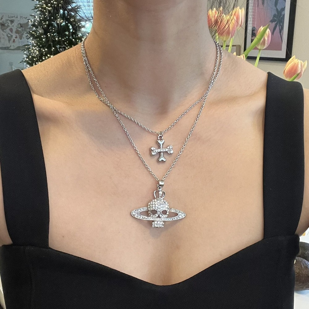 Vivienne Westwood Nana Y2K Cristal Calavera Con Cruz Doble Collar Con Conjunto #222