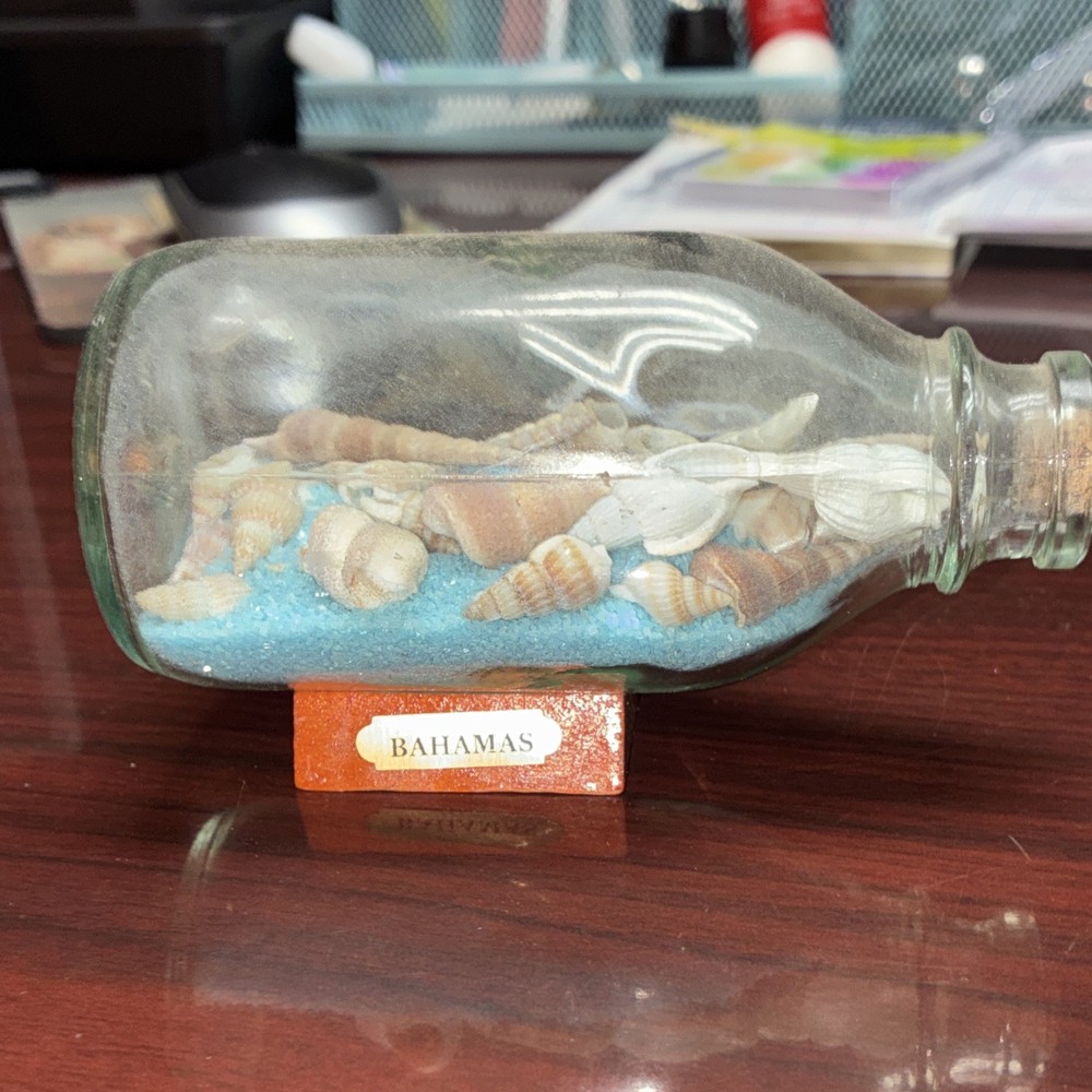 Decorative Glass Bottle w/ Seashells & Blue Sand, Beach Nautical Theme