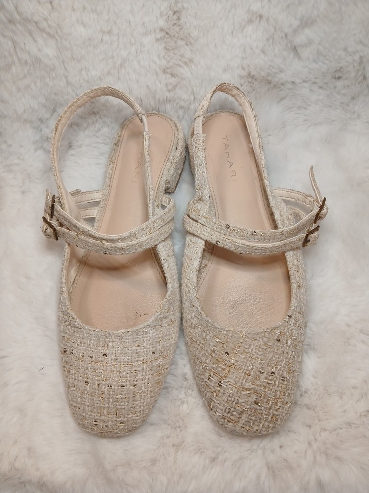 Tahari Women’s Size 7 Tweed Sequin Cream Mary Jane Flat Slingback Sandals