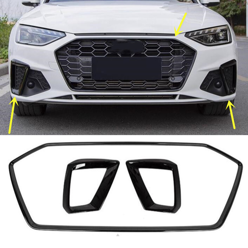 20-24 Audi A4 S4 B9 RS4 Black Front Grill Fog Light Frame Cover Trim
