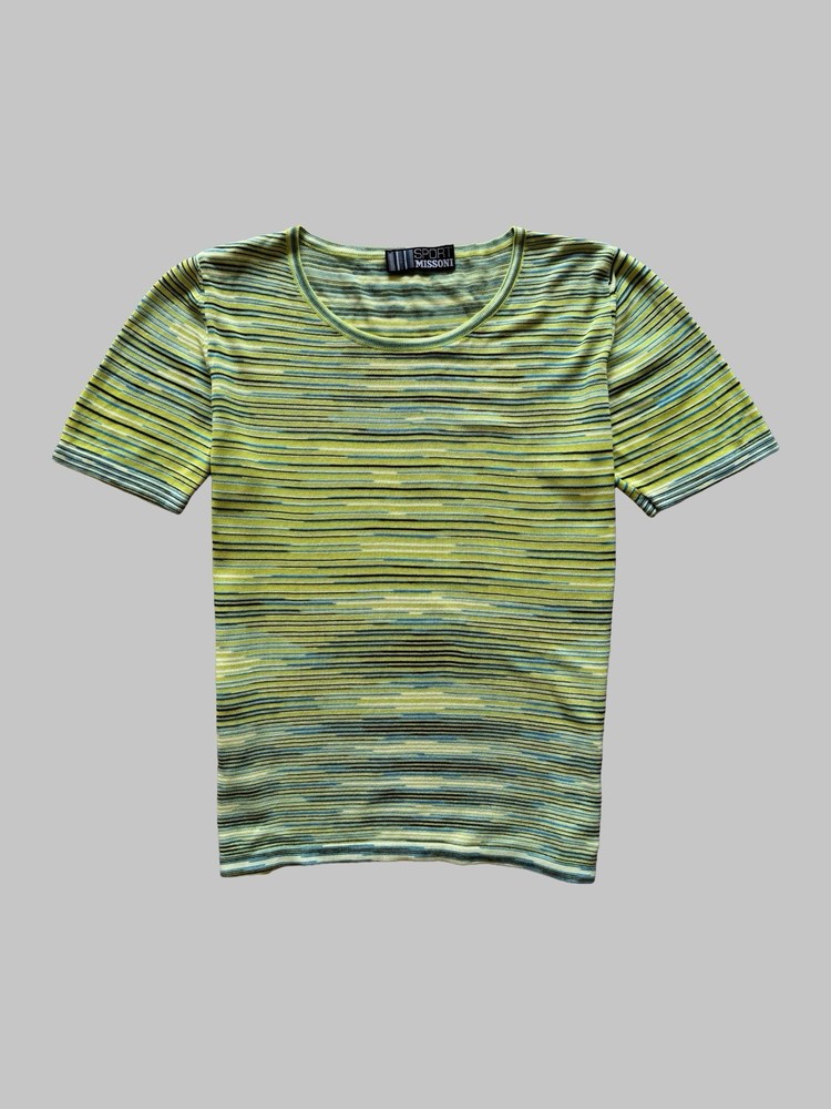 Vintage Missoni Sport Knit Top Striped Green Yellow Italy Size 46 Women