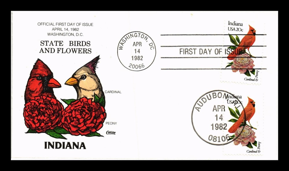Dr Jim Stamps Us Cover Indiana State Bird Flower Fdc Collins Hand Painted