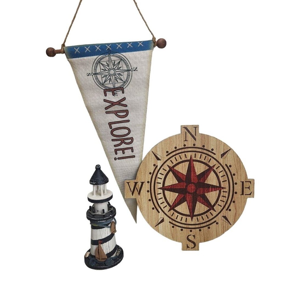 Nautical Home Items Mixed Lot of 3: Banner, Lighthouse & Compass Wall Décor