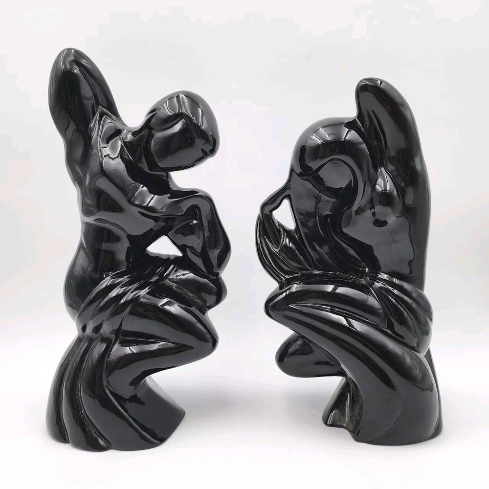 Ceramic Art Deco Glossy Black Mid-Century Modern Man and Woman Statues Set 16 Inch