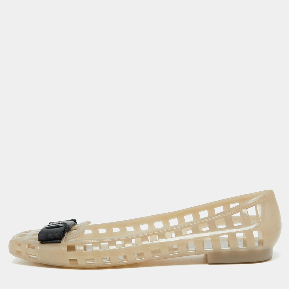 Salvatore Ferragamo Beige Jelly Laser CutOut Bow Ballet Flats Size 405