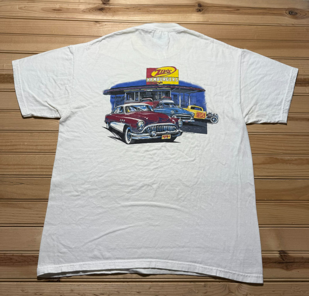 Vintage Y2K 2003 Zips Hamburgers 50 Years Hot Rod Classic Car T-Shirt Size Large