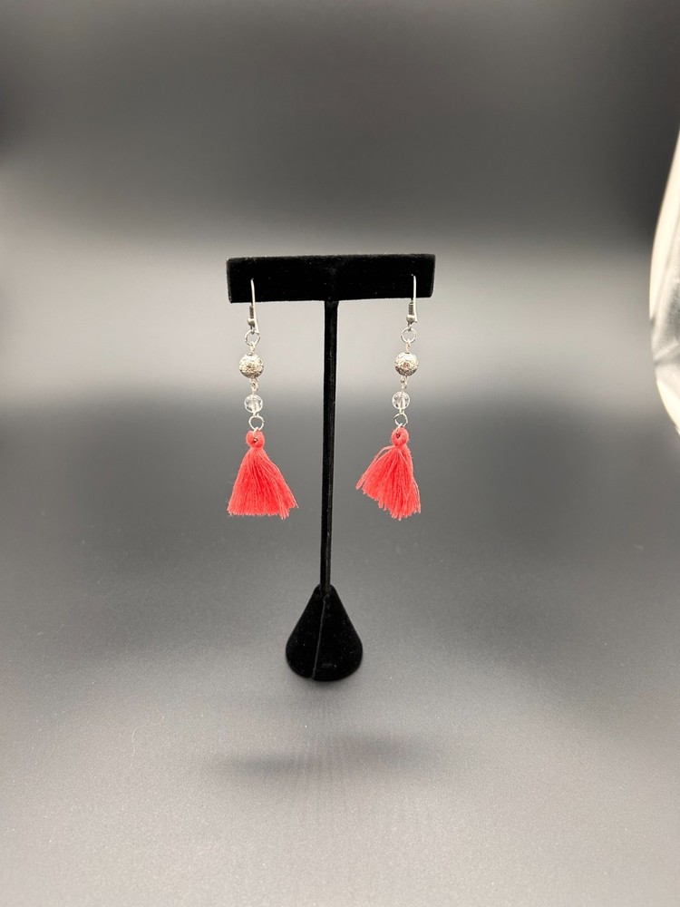 Artisan Handmade Boho Tassel Dangle Earrings Peach Pink Beaded Silver Tone Coral