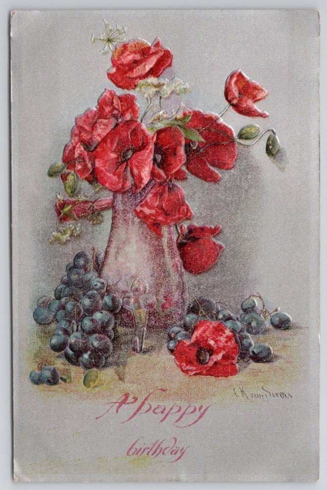Vintage Embossed Poppies & Grapes Birthday Postcard, R.K. von Strass Art 1900s
