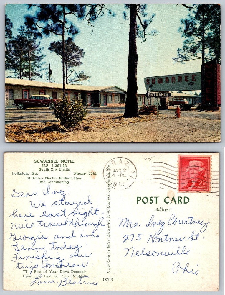 Suwannee Motel Folkston Georgia Postcard