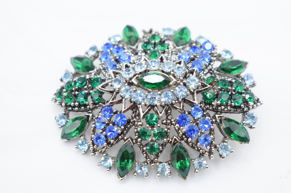 Vintage Art Deco Style Brooch Green & Blue Rhinestones Starburst Floral Pin