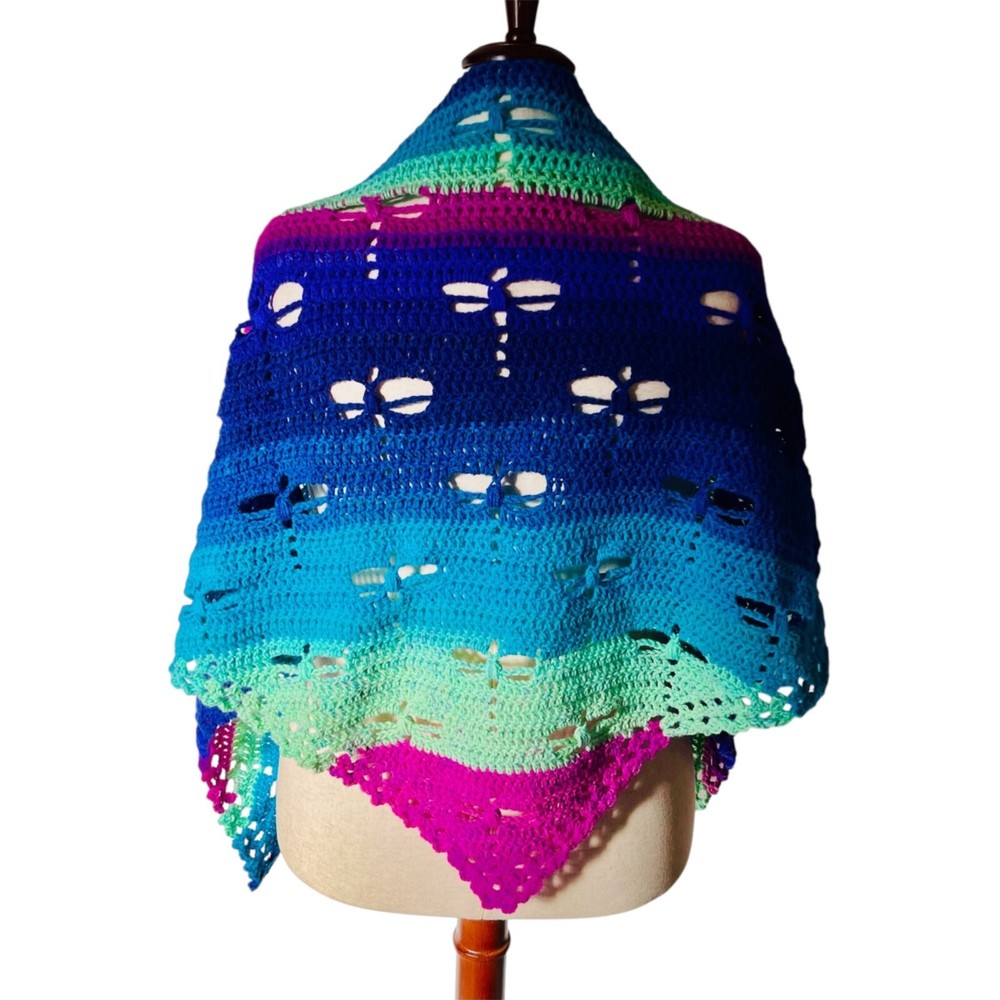 Handmade Crochet Dragonfly Shawl 72x30 in Pink Green Blue Turquoise Purple