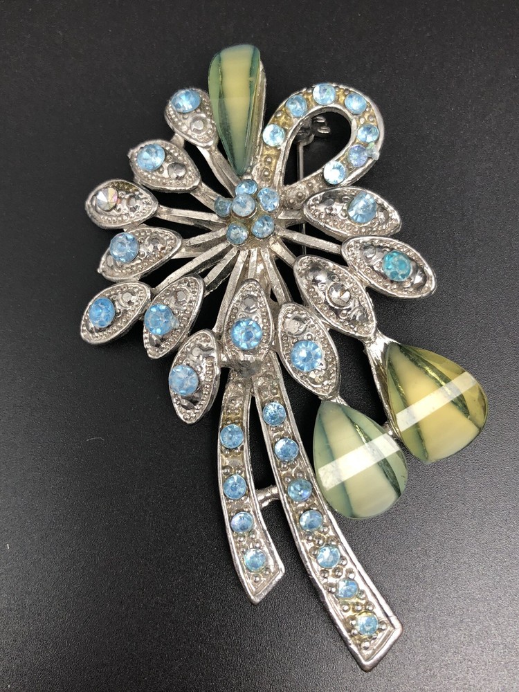 Vintage Starburst Blue Green Brooch Pin 3” Silver Tone (2) Stones Missing