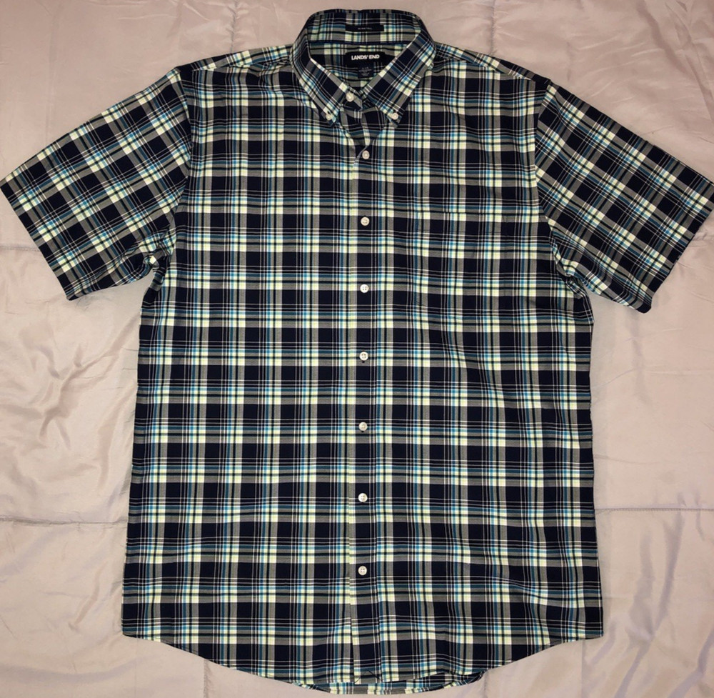 Lands' End Button Shirt Mens Large Tall 16-16.5 Trad Fit Blue Plaid Short Sleeve