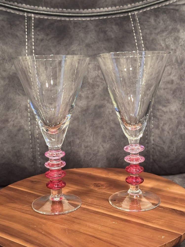 Pier 1 Pink Ribbed Martini Glasses with Ring Disks Stem