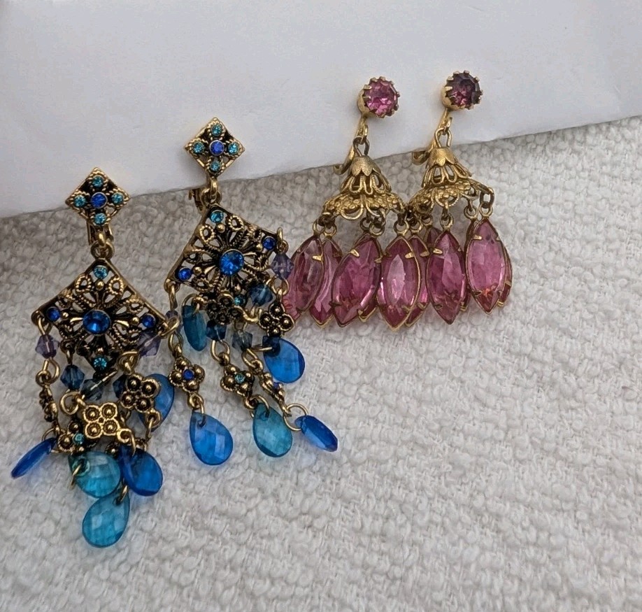 2 Vintage Chandelier Dangle Pink Glass - Blue Avon Clip-On Earrings