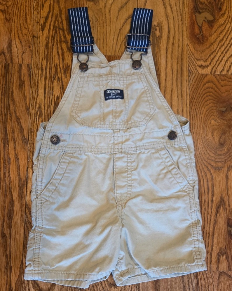 Oshkosh Shortalls 2T Khaki with Blue/White striped straps