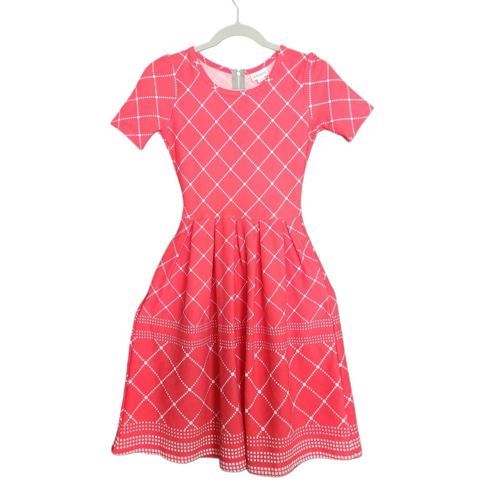 LuLaRoe Amelia Dress XXS Red White Geometric Fit & Flare Short Sleeve Zip Back