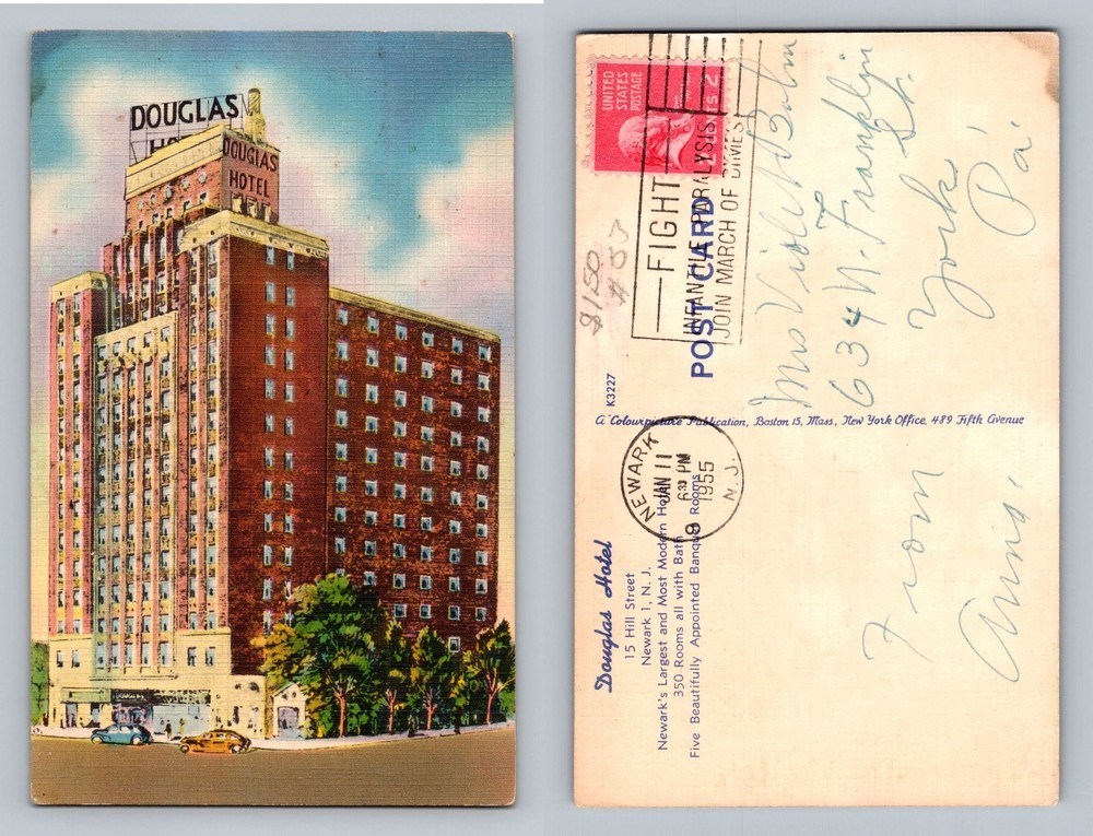 Newark, NJ-New Jersey, Douglas Hotel Tower Building c1953 PC Vintage Postcard