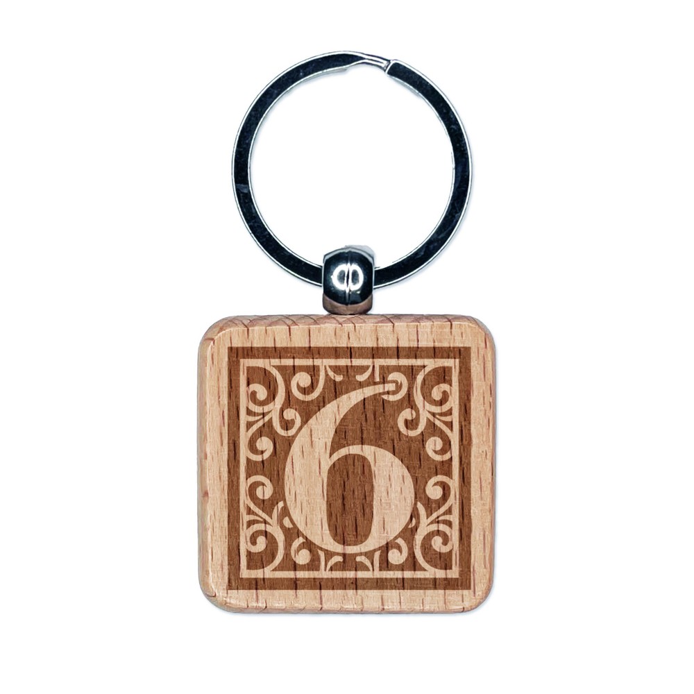 Monogram Swirls Engraved Wood Keychain Charm Number Six 6  