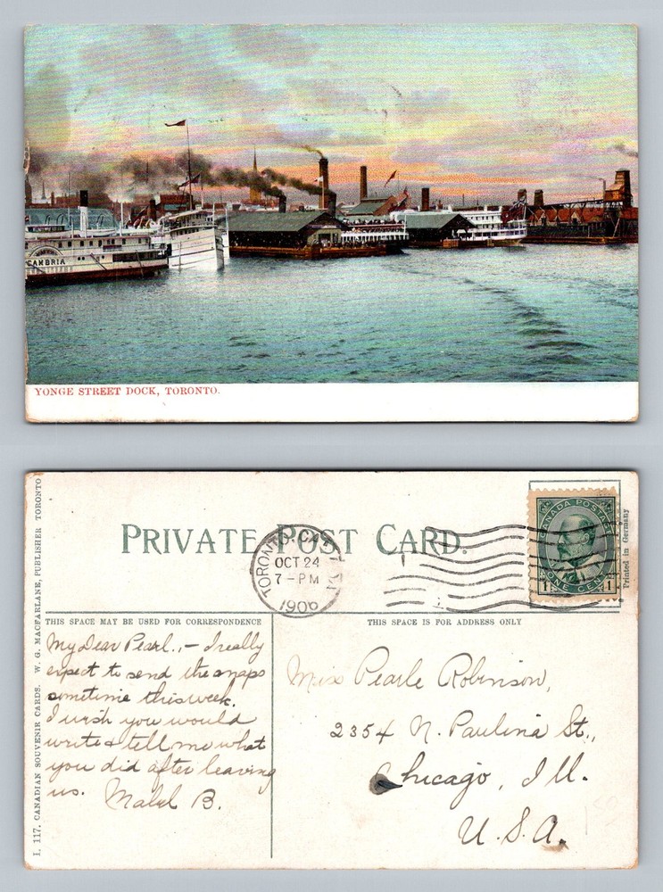 Toronto, ON-Ontario, Yonge Street Dock Harbor Steamships Vintage c1906 Postcard