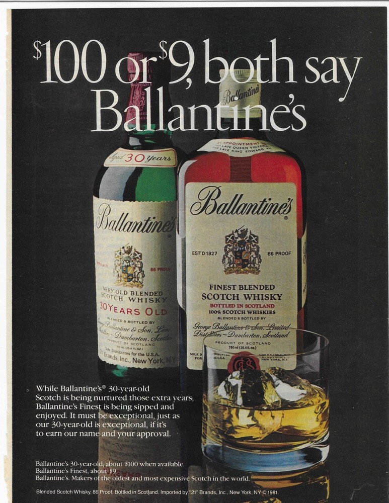 $100 Or $9  Ballantine's Scotch Whisky Original Print Ad