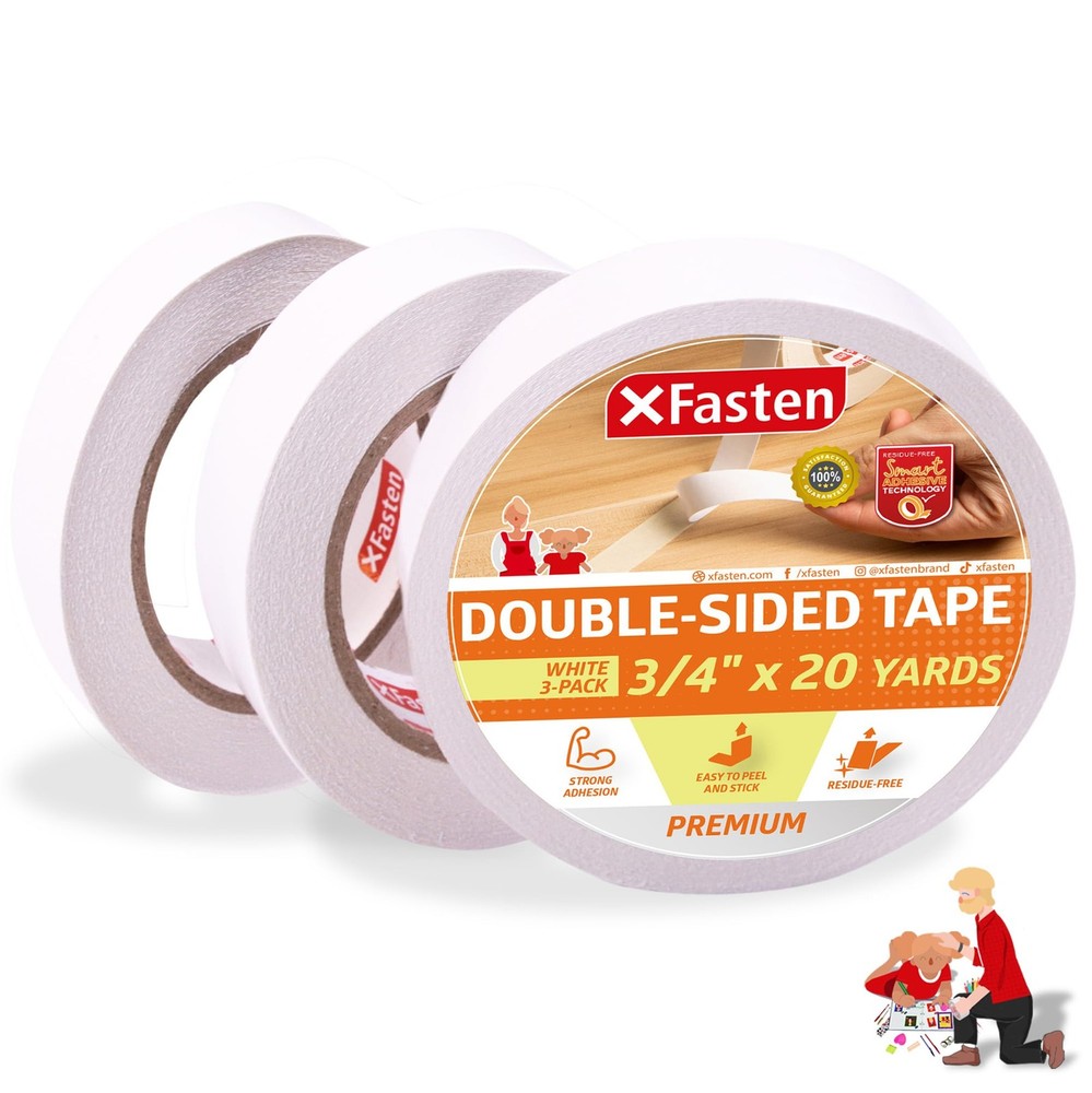 Xfasten Double Sided Tape, Removable, 3/4 Inch By 20 Yards, Pack of 3, Ideal As