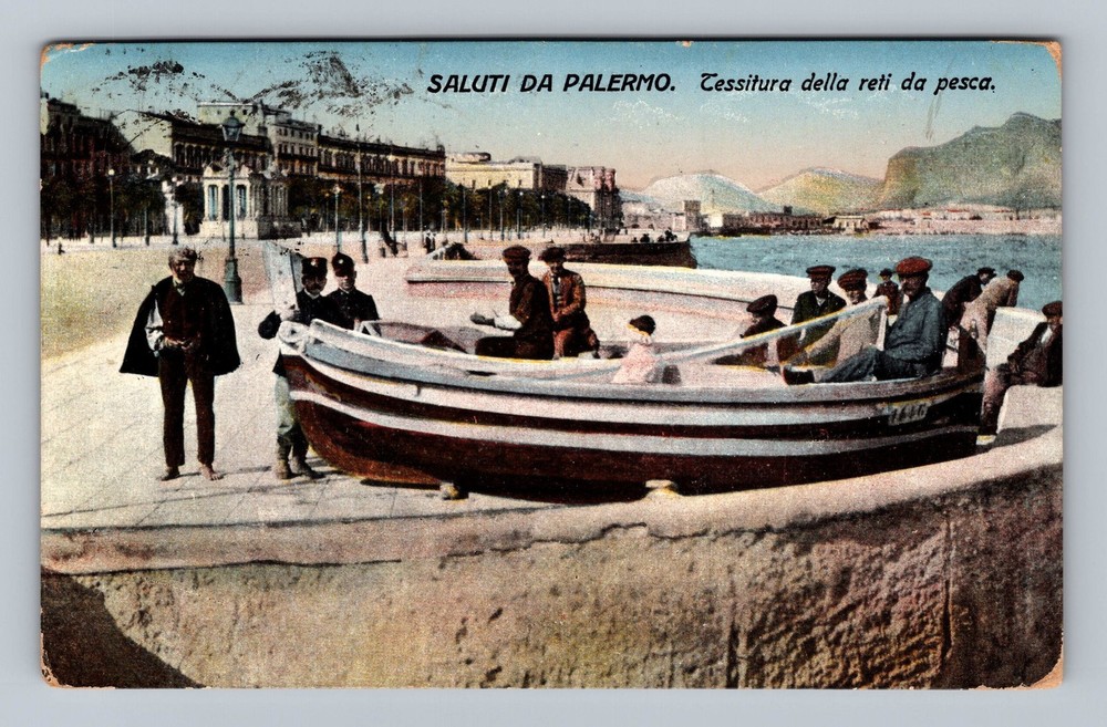 Italy- Sicily Palermo Greetings Weaving Fishing Nets Old View Vintage Postcard