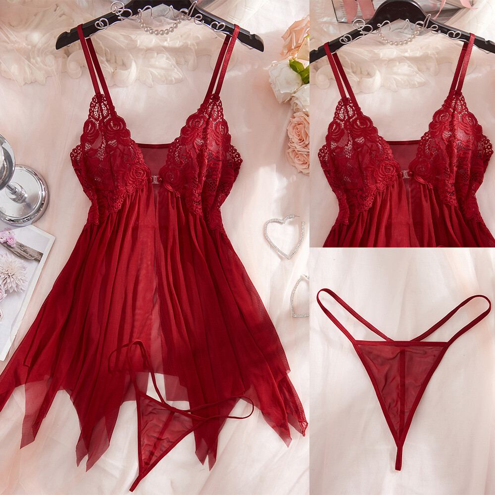 Women's Sexy Red Nightdress Lace Slip Lingerie Babydoll Sleepwear G-string Gift