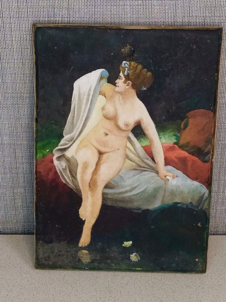 Vintage Nude Woman Oil Painting on Wood Board Nude Female Fine Art Collectible