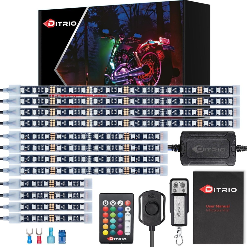 DITRIO 12pcs Underglow RGB LED Strip Light Kit DC 12V with 2 Red Blinking Brake