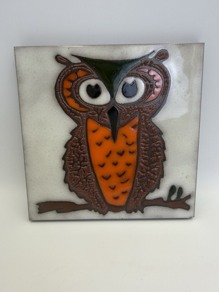 Vintage MCM Studio Pottery OWL Trivet/ Tile, 1970's Made In Spain