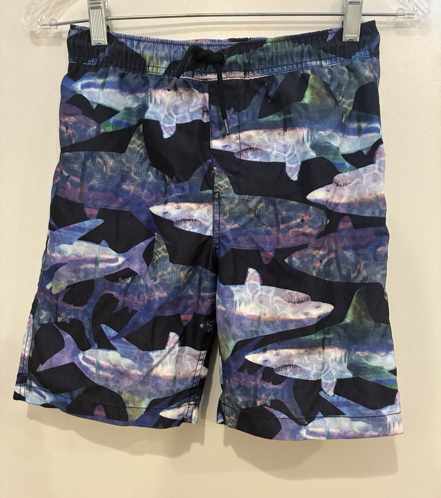 Lands' End Kids Boys Sharks 100% Polyester Adjustable Waist Swim Trunks Blue M