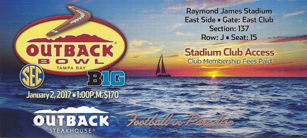 2017 Outback Bowl Ticket Florida Gators vs Iowa Hawkeyes #20 vs #21