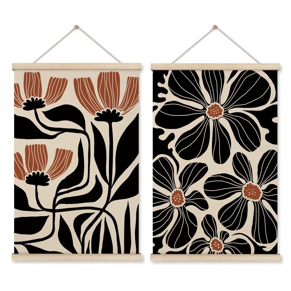 HRQKO Boho Black Flowers Wall Art Set of 2 Wooden Frames 16x24 Inch