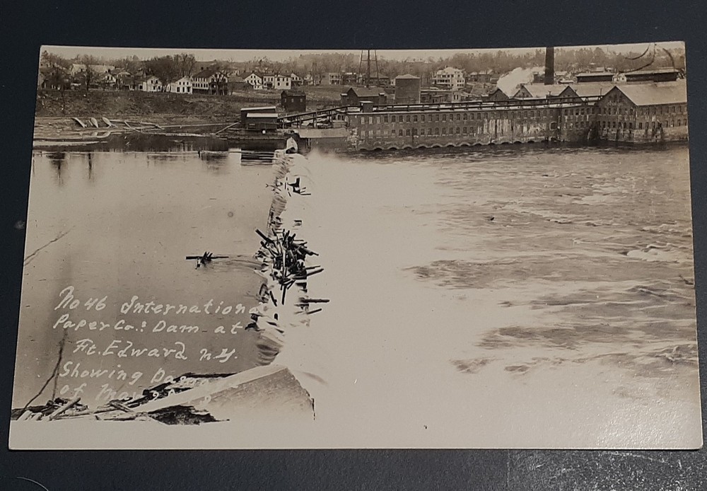 RPPC NY International Paper Co Dam at Fort Edward showing damange of 1913 flood