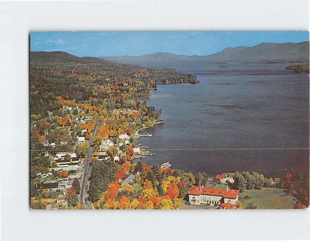 Postcard Aerial view looking north from Lake George Village Lake George NY USA