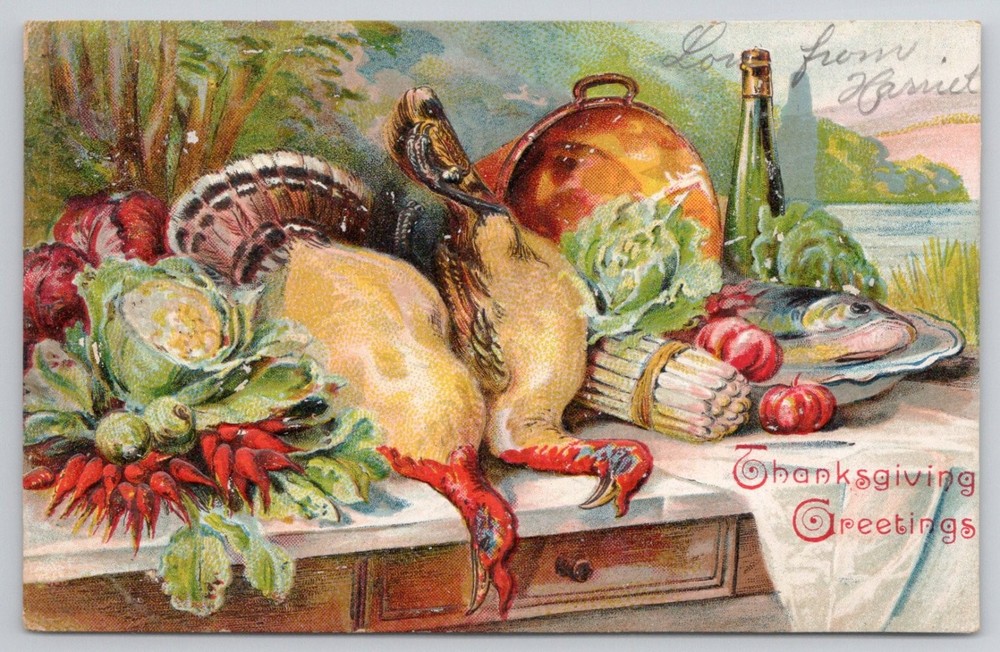 Vintage Embossed Thanksgiving Greetings Postcard Turkey Still Life Germany