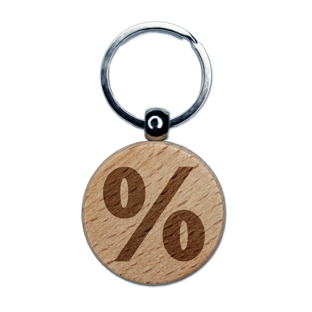 Percent Symbol Engraved Wood Round Keychain Tag Charm