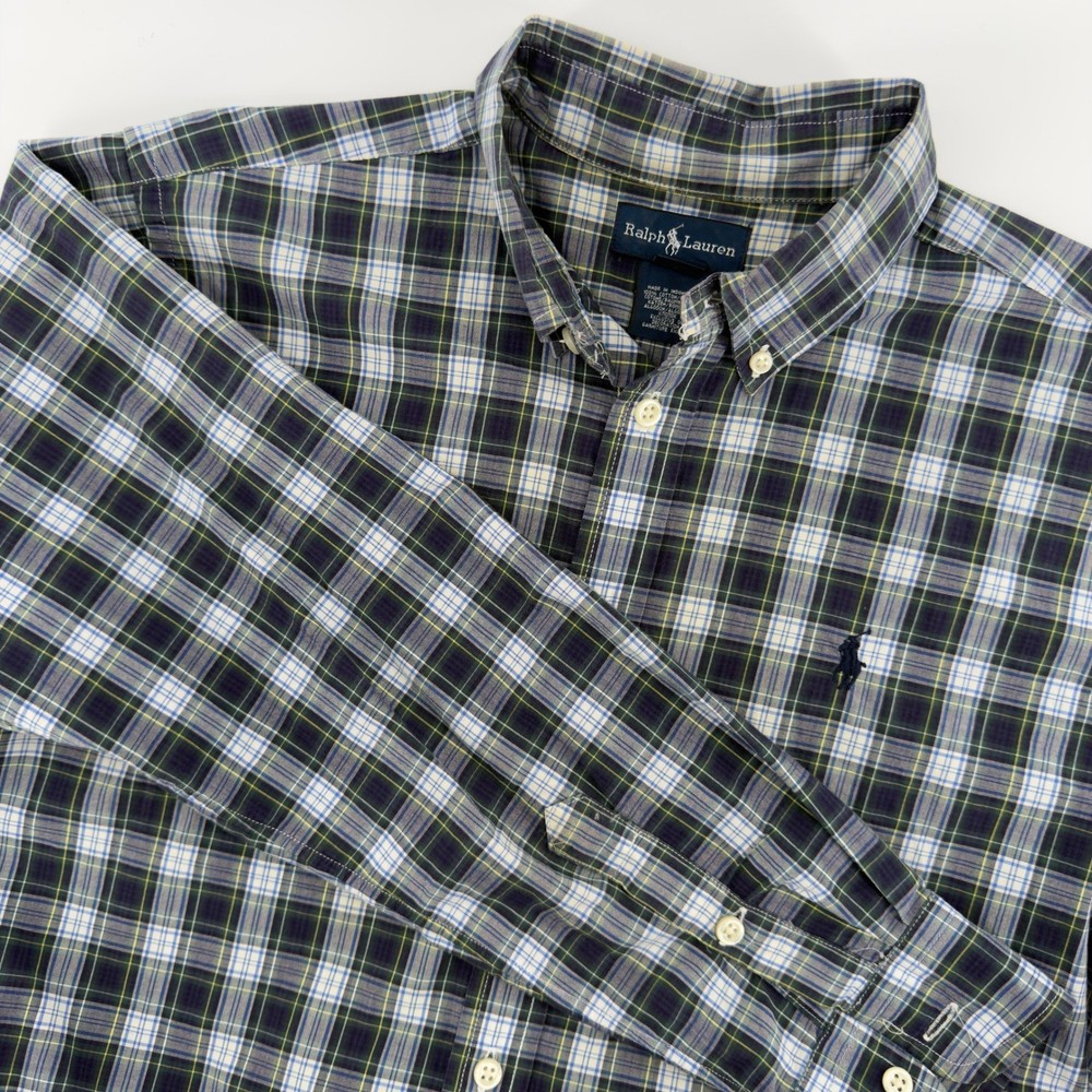 Ralph Lauren Boys Large Plaid Button Down Shirt Navy Green Cotton Pony Logo