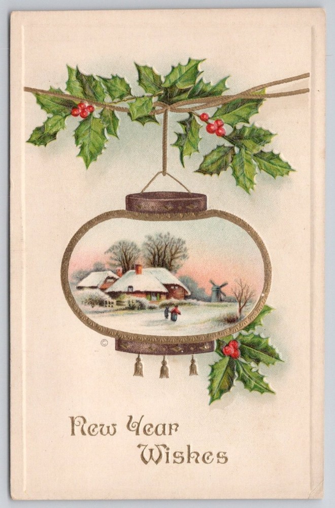 New Year Wishes Embossed Postcard Winter Village Windmill C.W. Marks 1900s