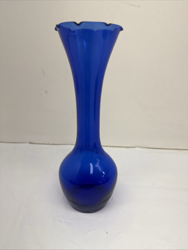 Vintage Cobalt Blue Hand Blown Glass Bud Vase 7 Inches