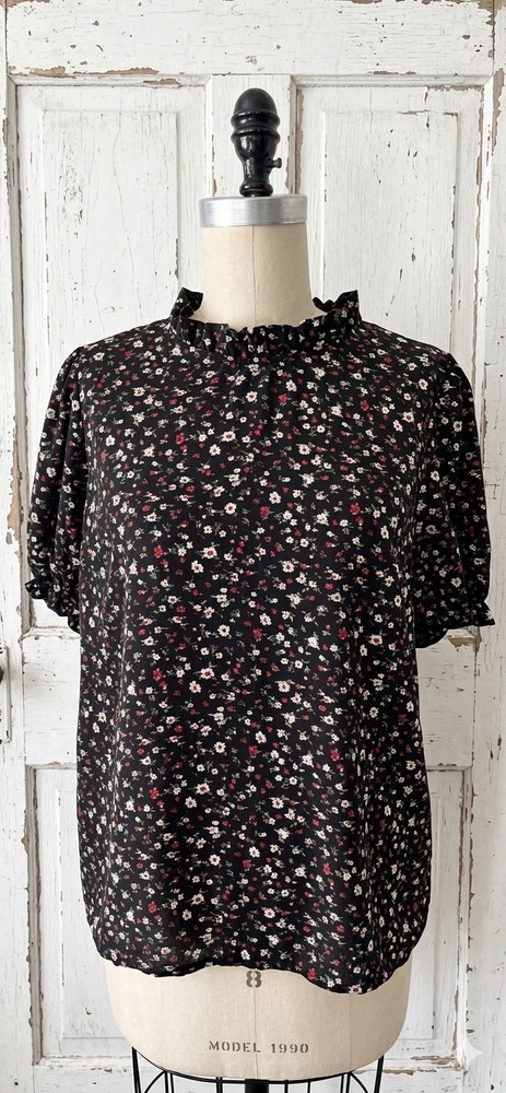 Vintage 90s Ditsy Floral Blouse L Black Ruffle Mock Neck Puff Sleeve Cottagecore