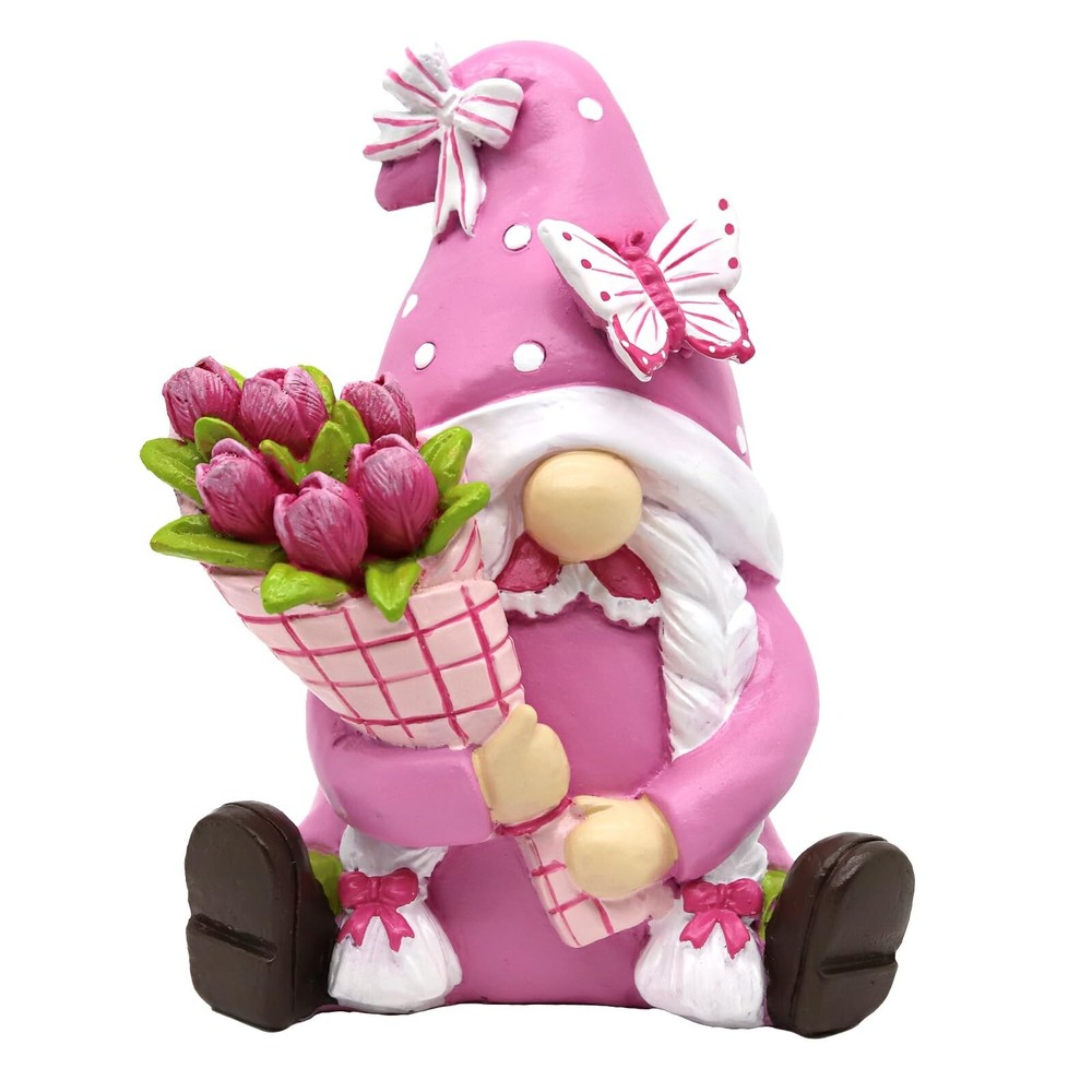 Spring Pink Gnome Figurine Decor- 5.7'' Waterproof Resin Garden Gnome Statues...