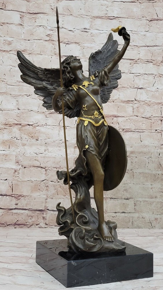 Guardian Angel with Wings Holding Spear Bronze Statue Sculpture Art Deco  Gift