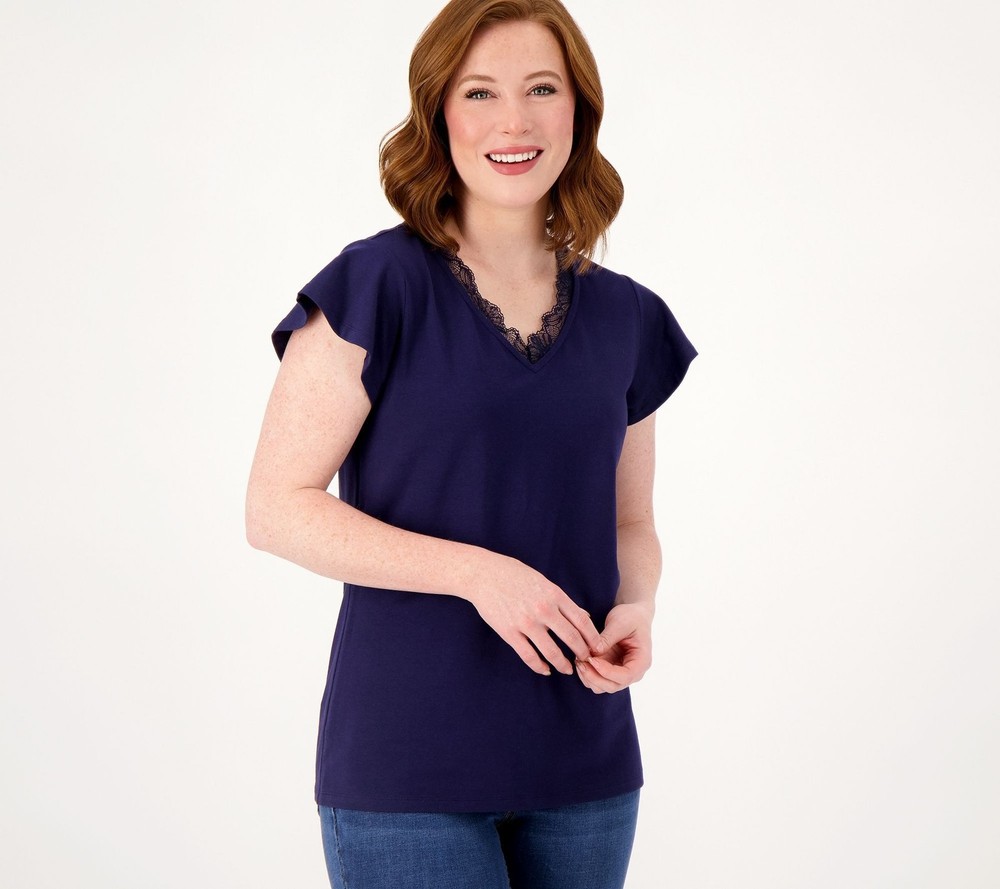 Denim & Co. Women's Top Sz L Favorite Jersey V-Neck Flutter Sleeve Blue A596327