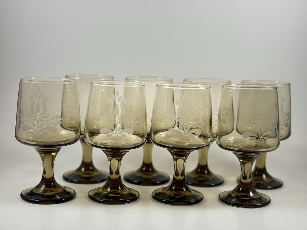 1970s Pfaltzgraff Village Brown Glass Pedestal Wine Glass Set of 8
